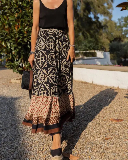 Summer High Waist Long Printed A-Line Skirt Floral Skirt Women Casual Beach Faldas Female Boho Elastic Waist Holiday Maxi Skirts