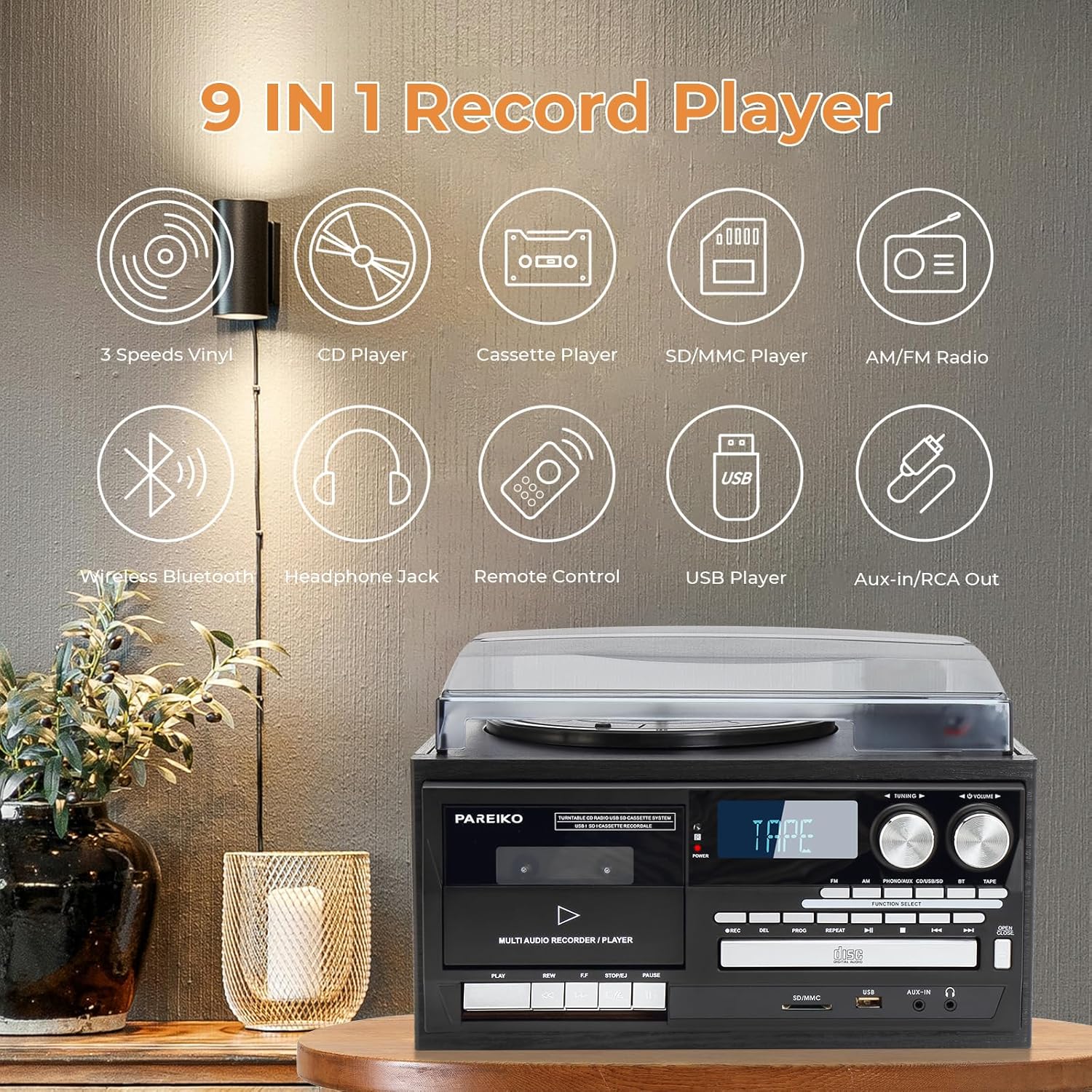 9 in 1 Vintage Bluetooth Record Player with Built-in Stereo Speakers, 3-Speed Turntable, AM/FM Radio, CD & Cassette Player, USB/SD Playback, Remote Control, Aux in, RCA Out & Headphone Jack
