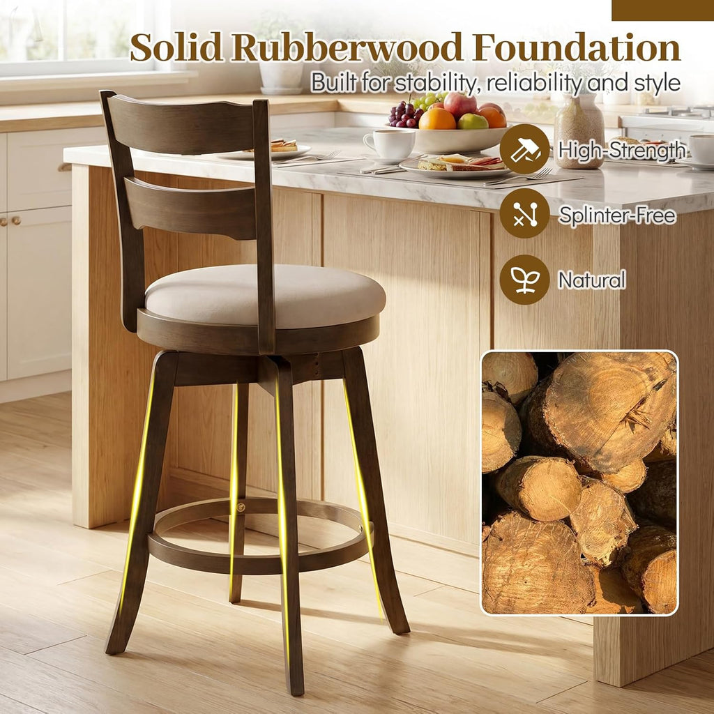 COSTWAY 30.5” Swivel Barstools Set of 2, 360° Rotating Bar Height Chairs with Backrest & Upholstered Seat, Rubber Wood High Top Seats with Footrest for Kitchen Island (2,30.5")