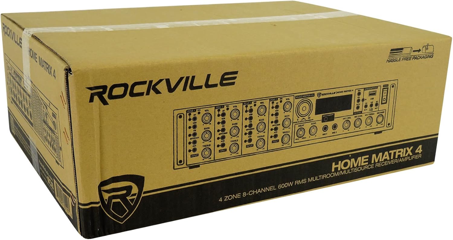 Rockville Home Matrix 4 600W Multi Room Receiver/Amplifier, 8-Channel (4 Zones), Bluetooth, USB, Optical, Coaxial, RCA, Mic Inputs