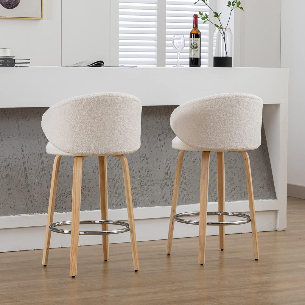 DUOMAY 2-Pack 26" Counter Height Bar Stools, White Sherpa Barrel Back Kitchen Island Chairs with Wood Legs for Dining Room, Bar, Coffee Shop