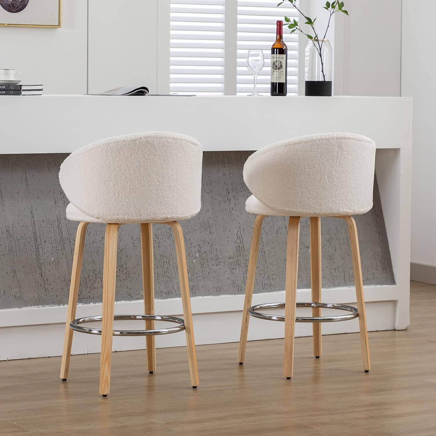 DUOMAY 2-Pack 26" Counter Height Bar Stools, White Sherpa Barrel Back Kitchen Island Chairs with Wood Legs for Dining Room, Bar, Coffee Shop