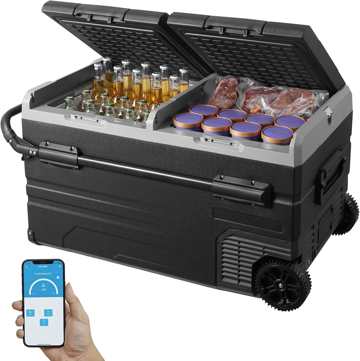 VEVOR Car Refrigerator 115L, Dual Zone Portable Freezer with Wheels & Handle, -4℉ to 68℉, 12/24V DC & 100-240V AC Compressor Cooler for Camping, Outdoor, RV