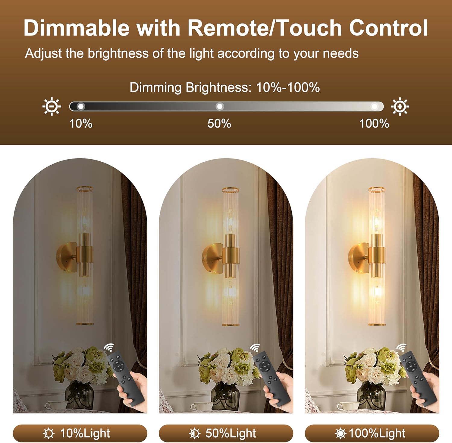 Morauroral Gold Battery Operated Wall Sconces Set of Two, Rechargeable Wall Sconce with Dimmable Remote Control, 20 Inch Wireless Sconce Wall Light for Bedroom, Living Room (Bulbs Included)