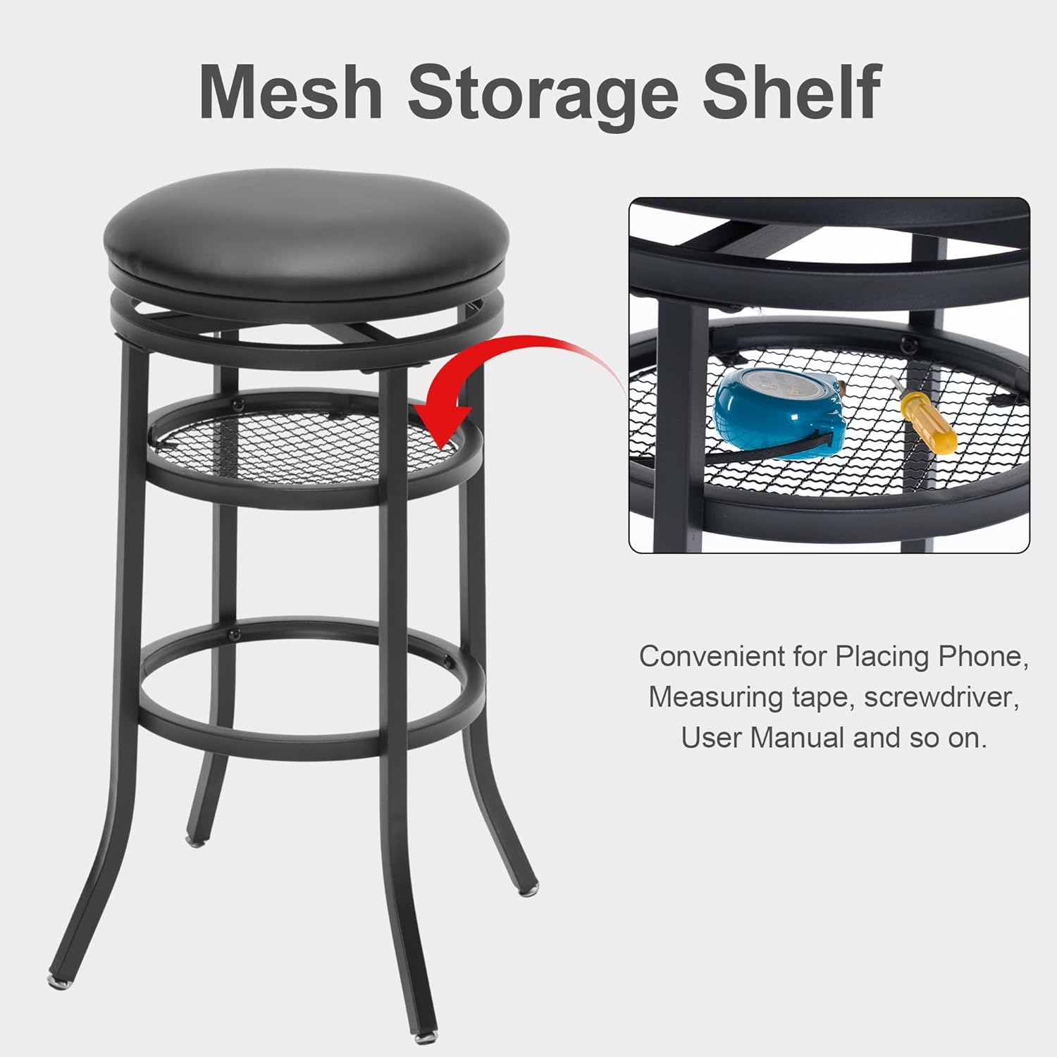 Swivel Industrial Shop Stool with Mesh Storage, Round Metal Garage Stool with Footrest, Heavy Duty Bar Stool for Garages, Workshops, Dining Room, Party Black, Set of 2