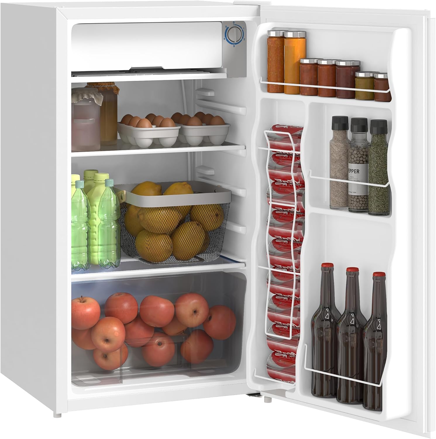 HOMCOM 3.2 Cu.Ft Mini Fridge with Freezer, Compact Refrigerator with Adjustable Thermostat, Shelf and Single Reversible Door for Bedroom, Dorm, Home Office, Energy Efficient, White