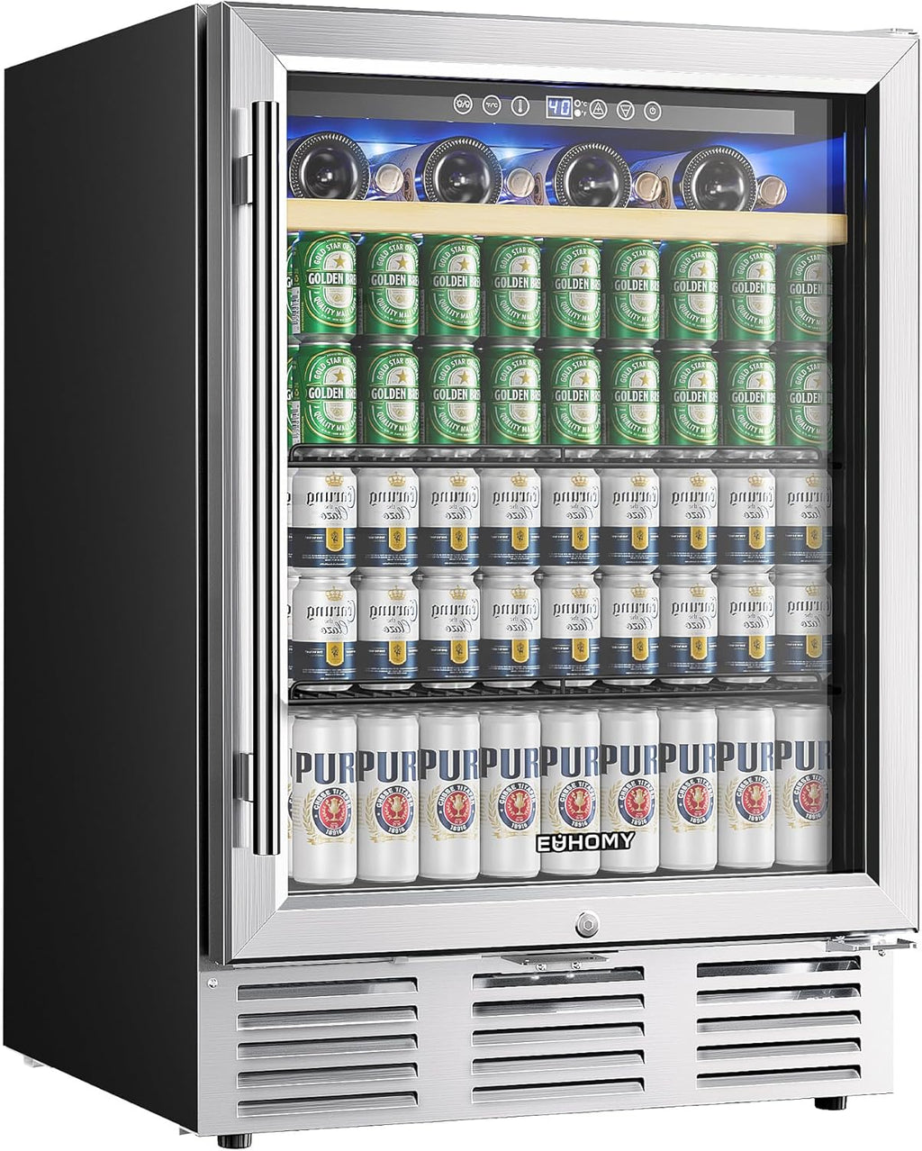 EUHOMY 24 Inch Wine and Beverage Refrigerator, 112 Cans & 8 Bottles Built-in or Freestanding Beverage Refrigerator Double-Layer Glass Door, Under Counter Wine Fridge for Kitchen, Bar, Office