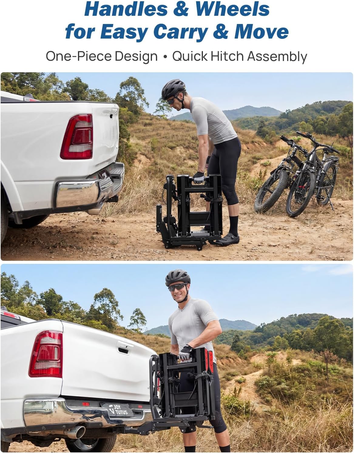 JOYTUTUS Hitch EBike Rack with Ramp for 2 E-Bikes, 200 LBS Capacity Electric Bike Rack for Cars SUVs Trucks, Easy Tilting Foldable Bike Carrier Platform Mount for 2" Receiver, Fits up to 5" Fat Tire