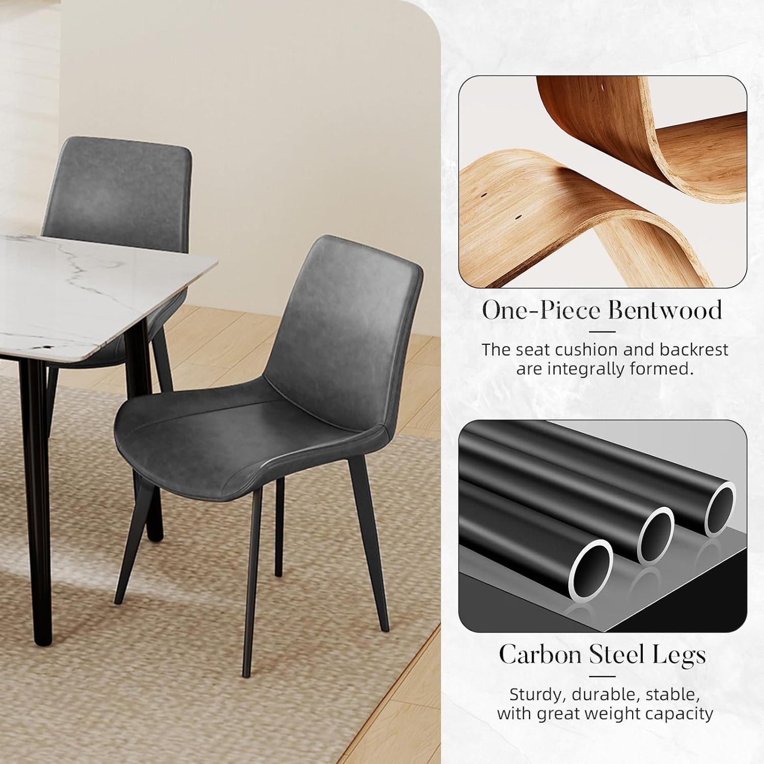 Dining Chairs Set of 2, Modern PU Leather Dining Room Chairs with Sturdy Metal Legs & Comfort Backrest for Living Room, Kitchen Nook, Coffee Shop, Bistro - Gray