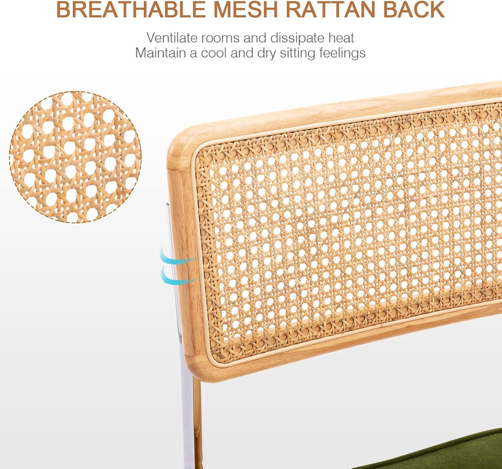 Zesthouse Natural Rattan Bar Stools Set of 2, 26'' Modern Boho Counter Height Barstools with Solid Wood Back, Mid Century Counter Stools with Velvet Cushion, Cane Back Island Chairs for Kitchen, Green