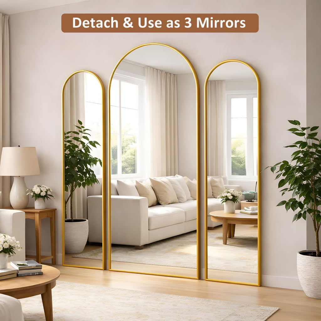 3 Way Arched Full Length Mirror Free Standing, 71"x 52" Large Modern Trifold Mirror with 3 Panel Tempered Glass & Metal Frame, for Dressing Room, Bridal Shop,Clothing Store (Gold, 71"L x 52"W)