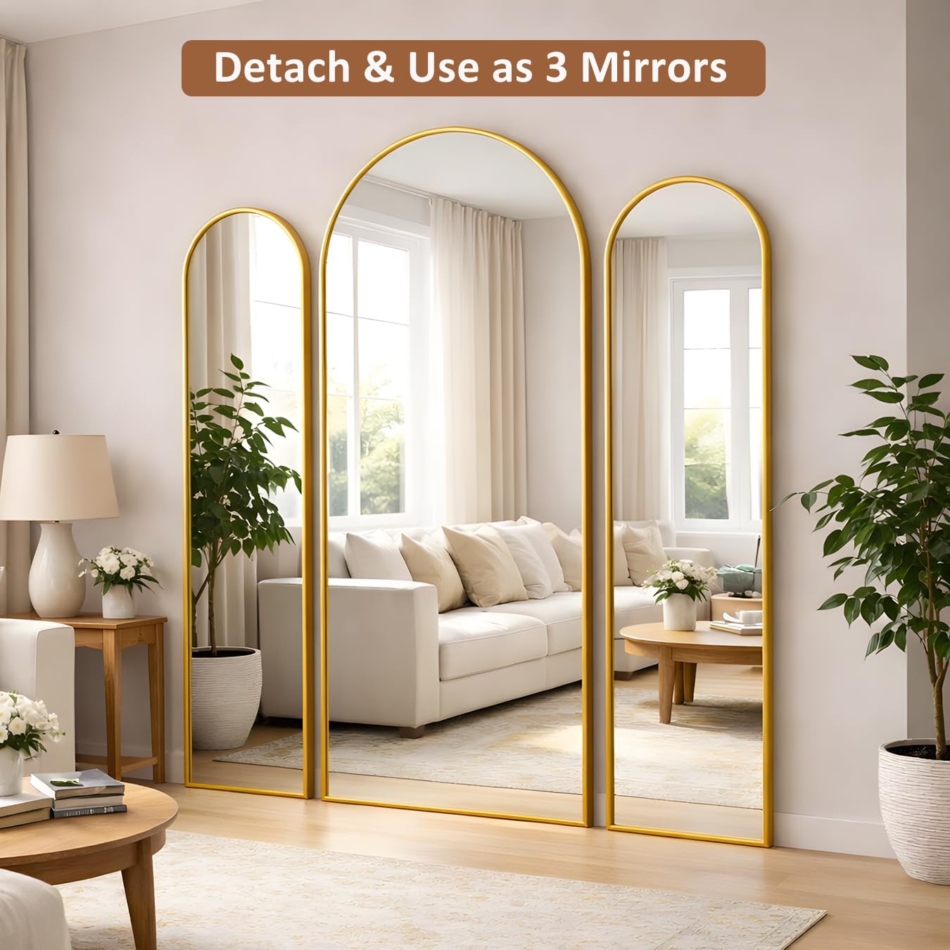 3 Way Arched Full Length Mirror Free Standing, 71"x 52" Large Modern Trifold Mirror with 3 Panel Tempered Glass & Metal Frame, for Dressing Room, Bridal Shop,Clothing Store (Gold, 71"L x 52"W)