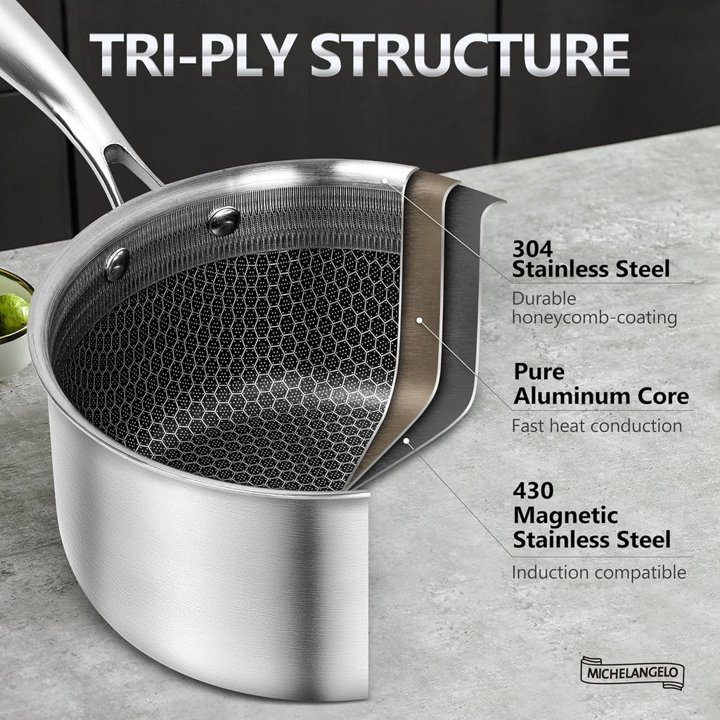 MICHELANGELO Triply Stainless Steel Pot Set, Hybrid Nonstick Saucepan Set with Lids, Induction Compatible Heavy Duty Sauce Pan 1QT & 2QT & 3QT, Honeycomb Interior, Dishwasher Safe Cookware - 6 Piece