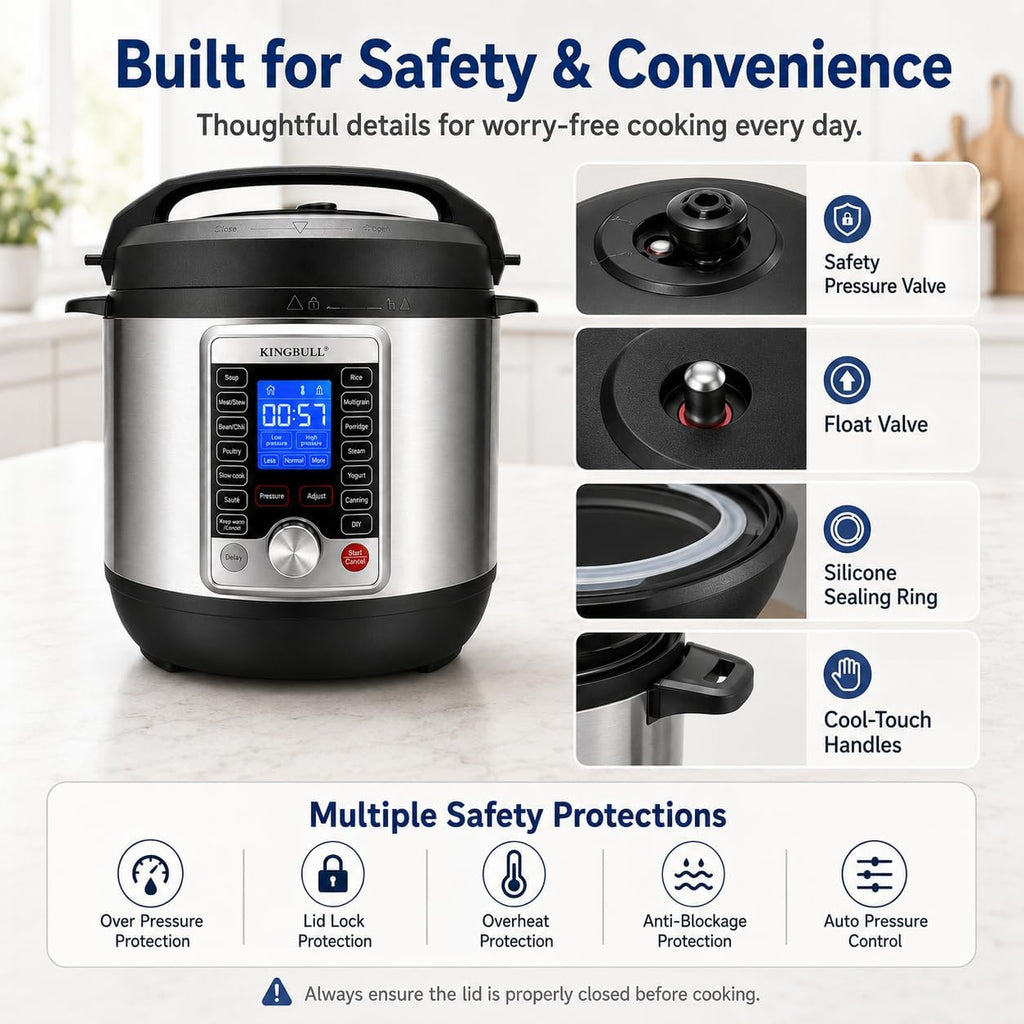 KINGBULL 14-in-1 Electric Pressure Cooker 8 Quart, Stainless Steel Multi Cooker with LCD Display and Knob Control, Slow Cooker, Rice Cooker, Steamer, Sauté, Yogurt Maker, Warmer, DIY Mode