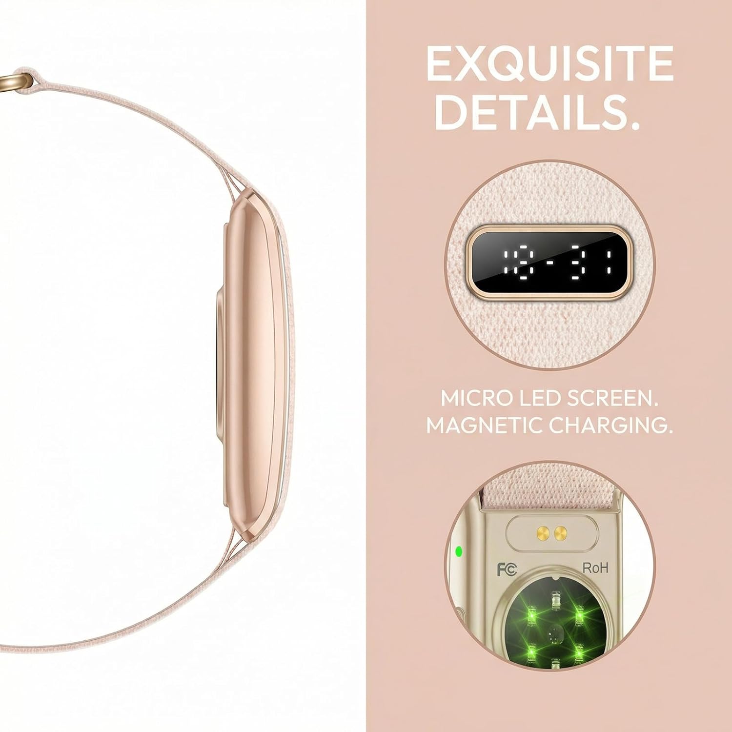 Innovative Design Smart Bracelet with Tiny LED Screen, 50+ Days Ultra-Long Battery Fitness Tracker, 24/7 (STEP/HR/SpO2) Monitor, AI Analysis & Free App – Health Tracker for IOS & Android (Rose Gold)
