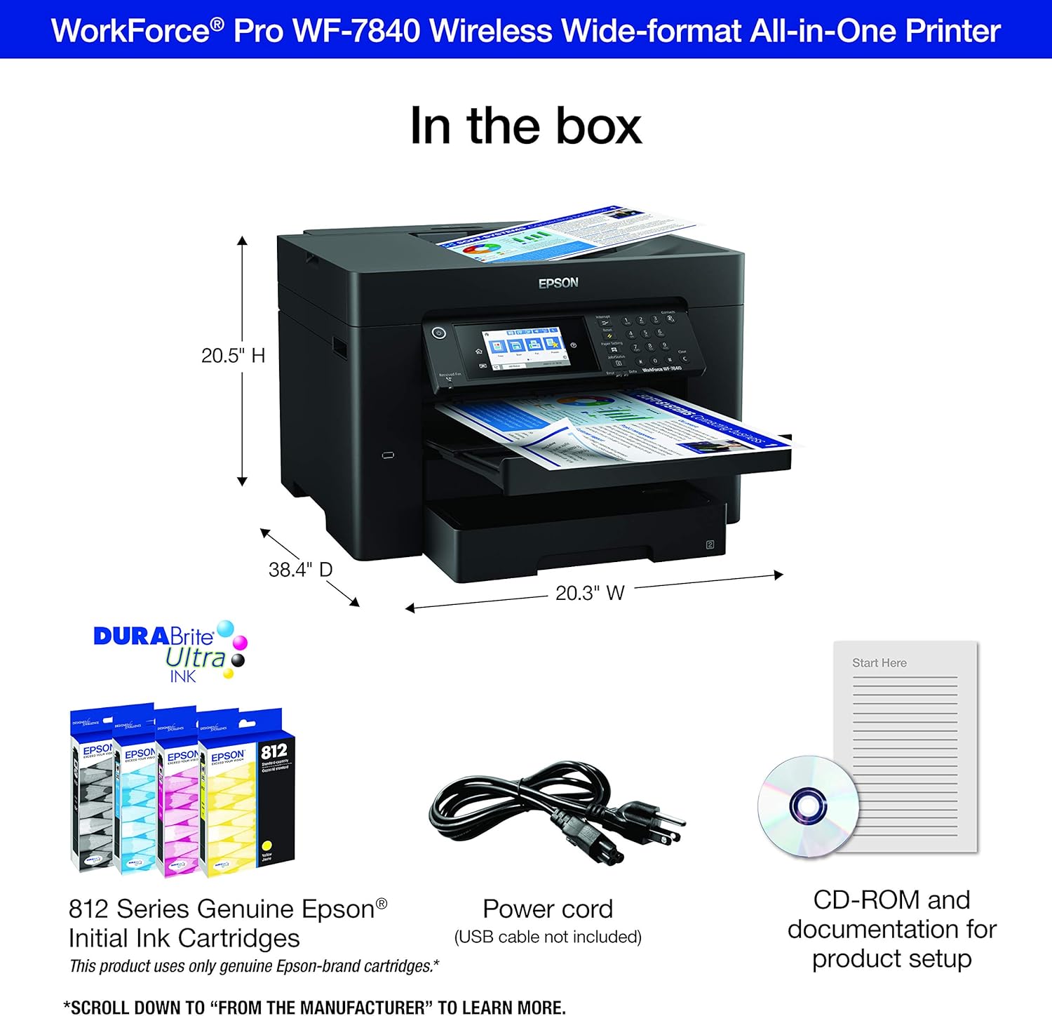Epson Workforce Pro WF-7840 Wireless All-in-One Wide-Format Printer with Auto 2-Sided Print up to 13" x 19", Copy, Scan and Fax, 50-Page ADF, 500-sheet Paper Capacity, 4.3" Screen