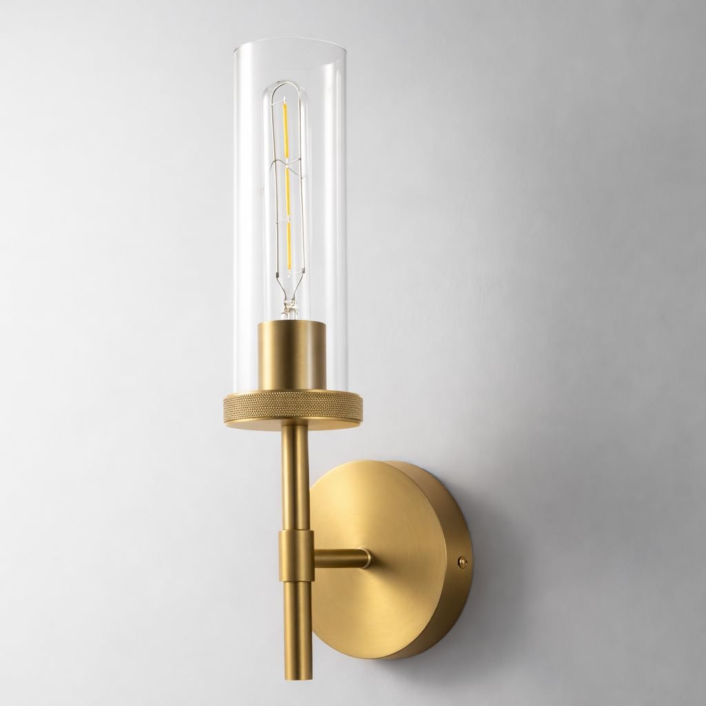 15 Inch Brushed Gold Sconces Set of 2, Brass Gold Bathroom Wall Sconces with Clear Glass Shade Hardwired (Bulb Included)