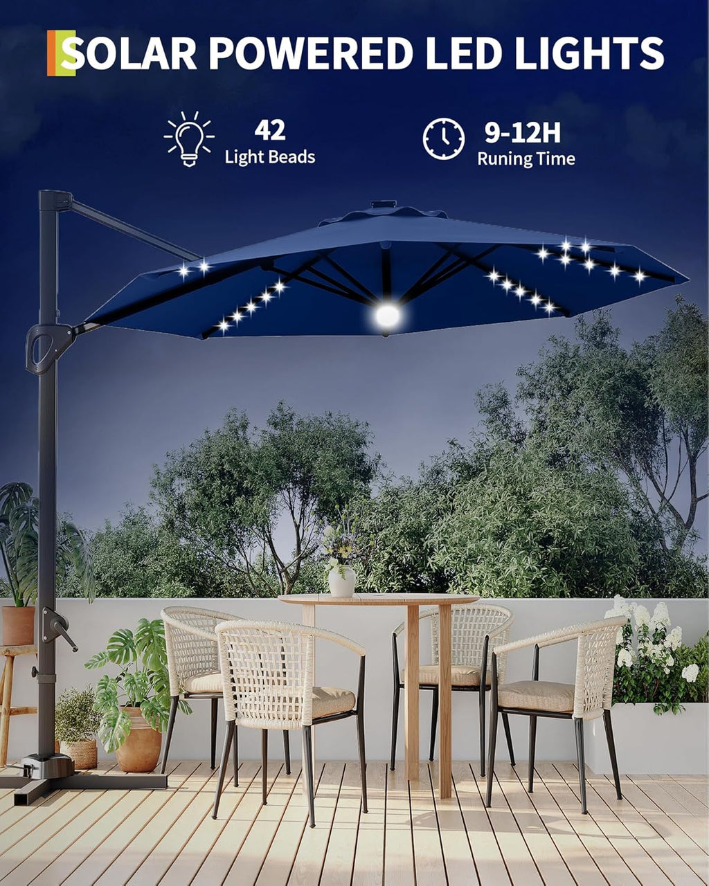 GarveeLife 10FT Patio Umbrella Outdoor Solar LED Large Cantilever Umbrella Market Sun Shade Windproof Offset Umbrella with 360-Degree Rotation for Garden Deck Pool Patio