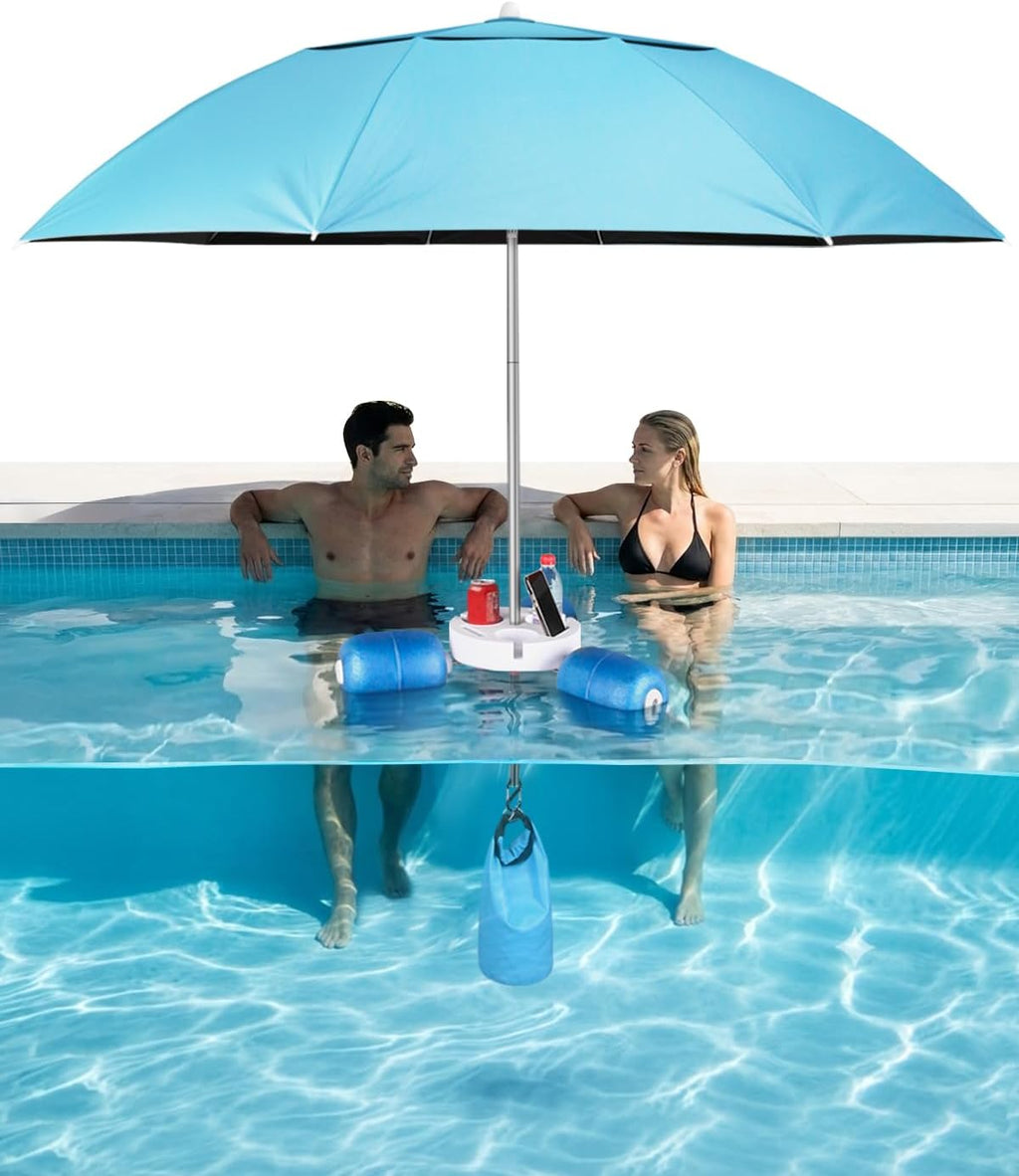 Floating Pool Umbrella 6.6ft - Portable UV Sun Shade Canopy with 3 Drink Holders, Stability Anchor Bag & Secure Floating Design - In-Water Use for Swimming Pools, Lakes, Beach and Outdoor Leisure