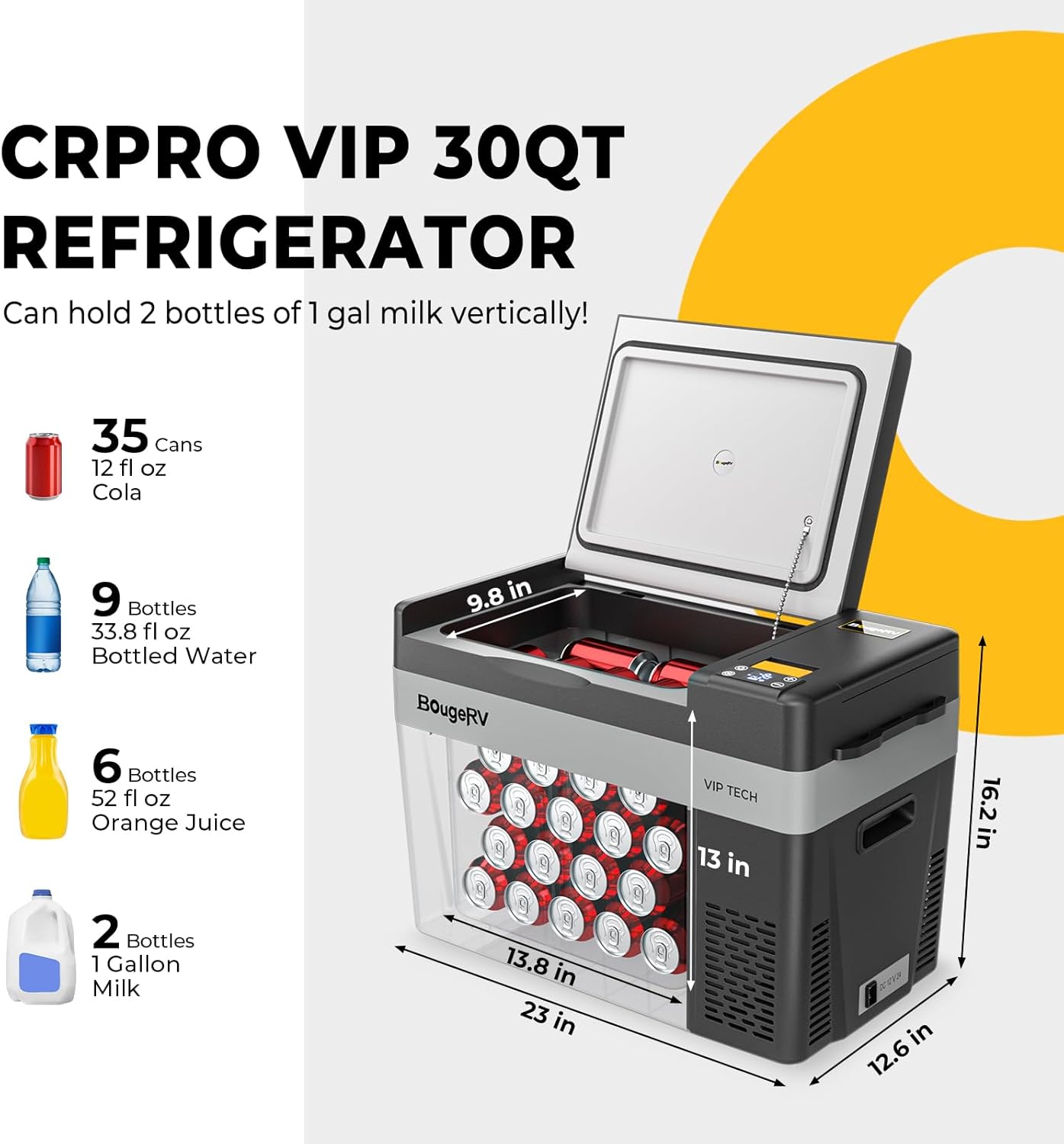 BougeRV 12 Volt Refrigerator, CRPRO VIP 30 Quart 12V Car Fridge (-8℉~50℉), Compressor Cooler with 12V/24 DC, 110-240 AC for Outdoor Camping Overlanding Truck RV SUV Van