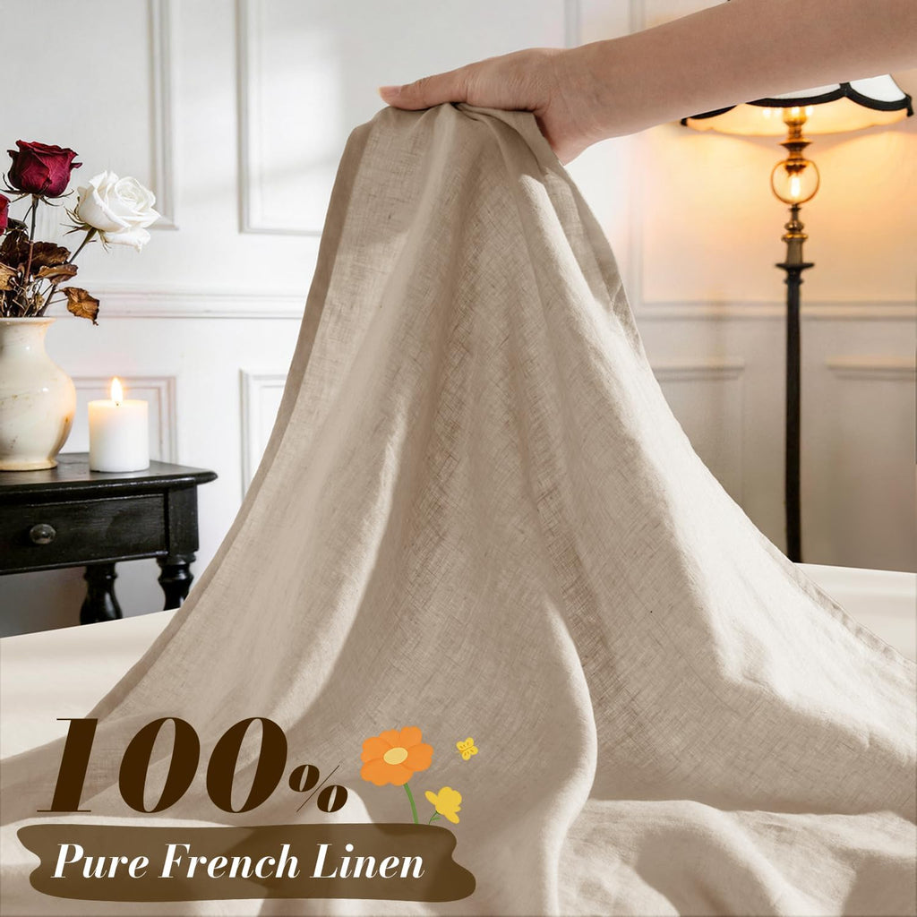 SONORO KATE 100% French Pure Linen Queen Size Sheets, Breathable and Durable Linen Bed Sheets, Anti-Tear, Machine Washable, 16 Inch Deep Pocket - 4 Piece (Natural Linen)