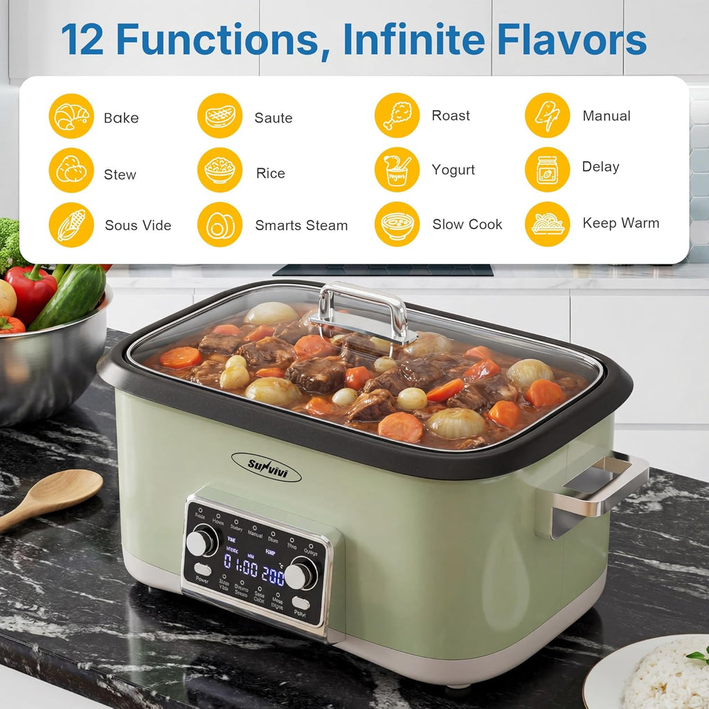 12-in-1 Programmable Slow Cooker Roaster Oven, 8 Quart Digital Multi-Cooker Food Warmer with Timer, Temp Control & Auto Shut Off, Removable Non-Stick Pot, Dishwasher-Safe Glass Lid, Green