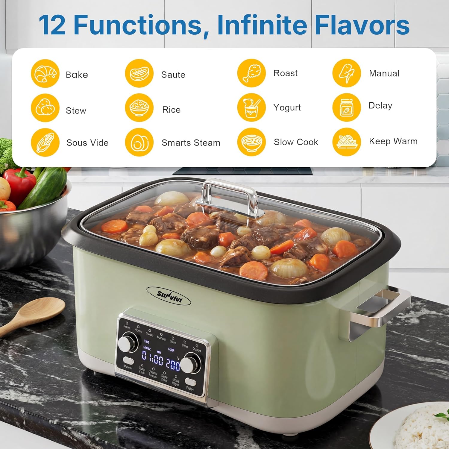 12-in-1 Programmable Slow Cooker Roaster Oven, 8 Quart Digital Multi-Cooker Food Warmer with Timer, Temp Control & Auto Shut Off, Removable Non-Stick Pot, Dishwasher-Safe Glass Lid, Green