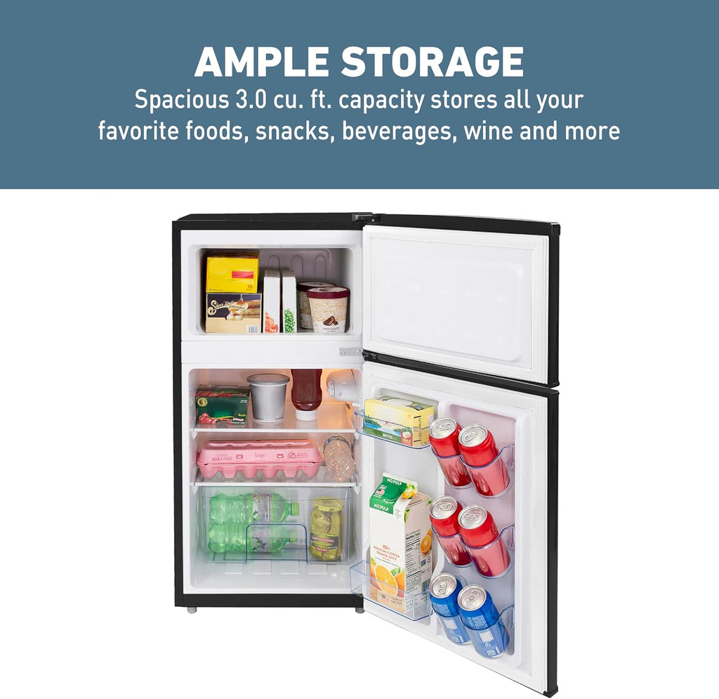 West Bend Mini Fridge with Freezer for Bedroom, Office, Bar or Dorm Room, Retro Compact Refrigerator features Glass Shelves, Manual Defrost and Adjustable Temperature Control, 3.1-Cu.Ft., Black