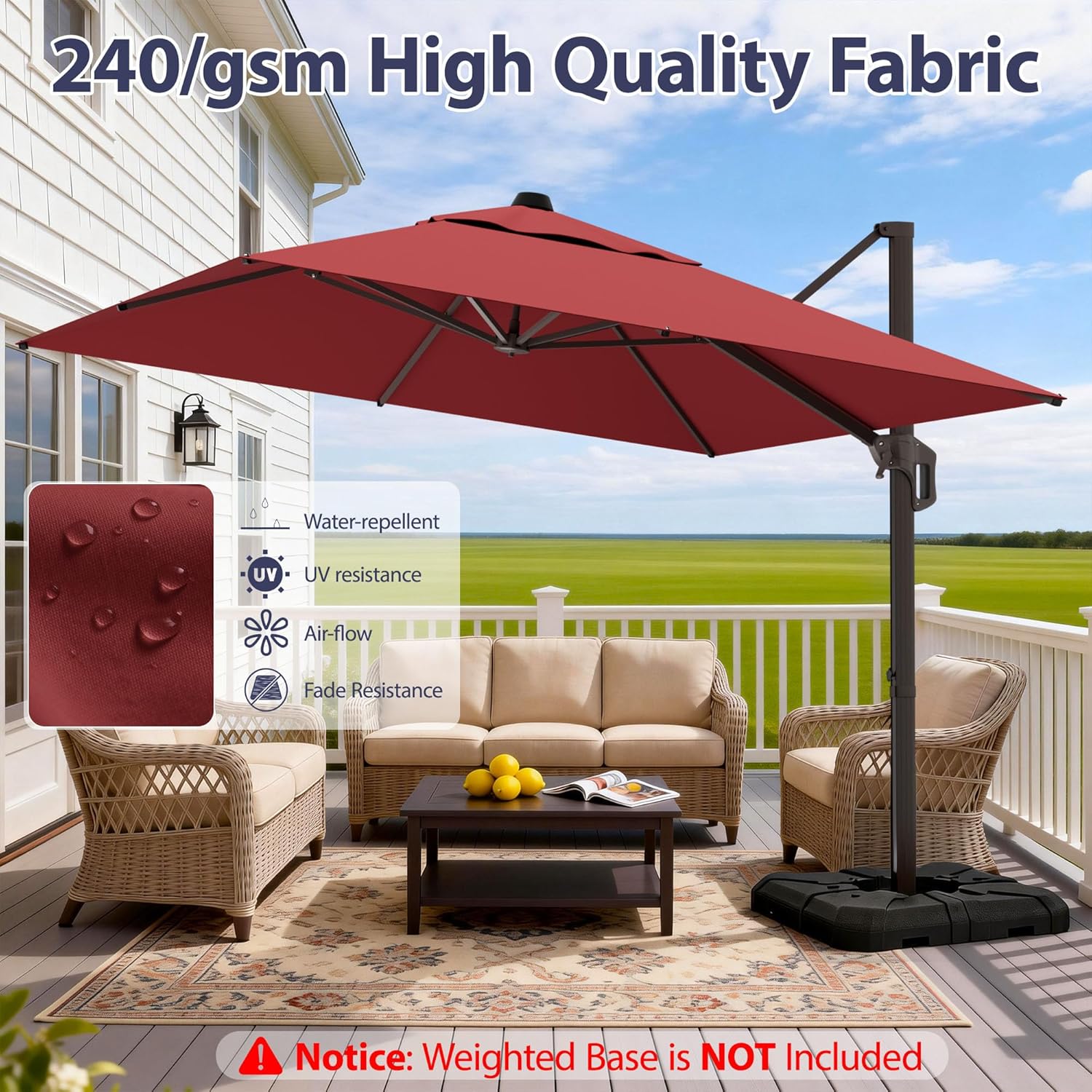 10' X 10' Patio Umbrella Cantilever Outdoor Rectangle Umbrella with Base Included, Heavy Duty 360°Rotation Offset Umbrella for Garden Deck Pool Patio, Red