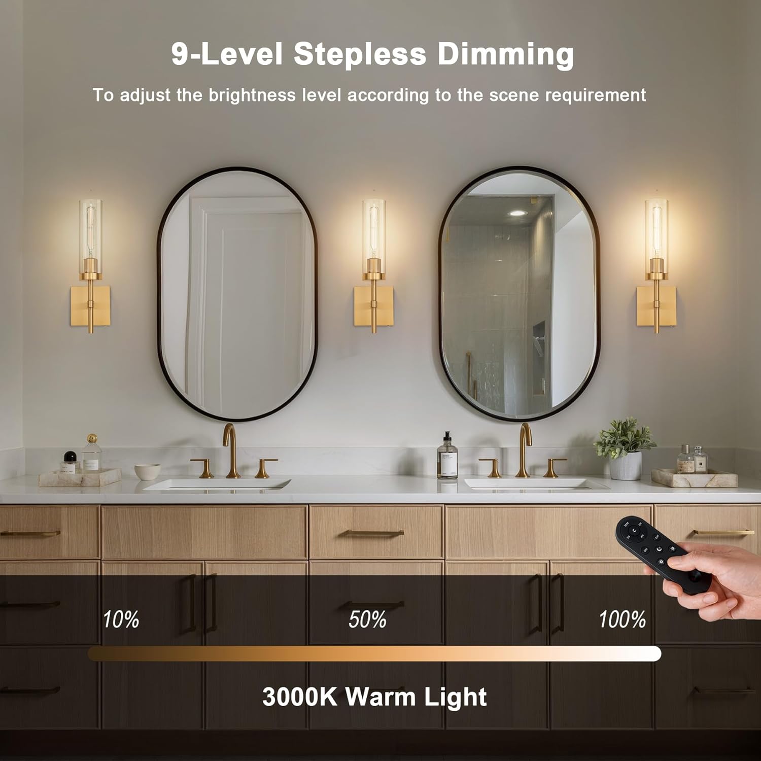 Gold Battery Operated Wall Sconce Set of 2, Wireless Wall Sconces with Remote Control, Rechargeable LED Dimmable Wall Light for Bedroom Bathroom Hallway Living room Entryway Stairwell, 3000K