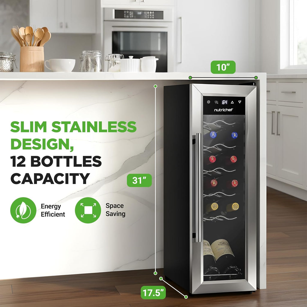 Nutrichef 12 Bottle Stainless Steel Slim Wine Fridge | Red & White Wine Chiller | Adjustable Temperature Control, Ultra Quiet Operation & Energy Efficient | Mini Wine Cooler Refrigerator | 31x10x17 IN