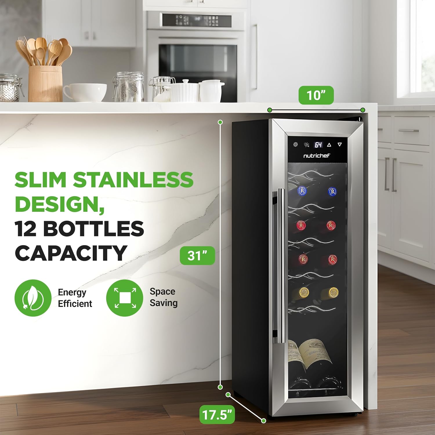 Nutrichef 12 Bottle Stainless Steel Slim Wine Fridge | Red & White Wine Chiller | Adjustable Temperature Control, Ultra Quiet Operation & Energy Efficient | Mini Wine Cooler Refrigerator | 31x10x17 IN