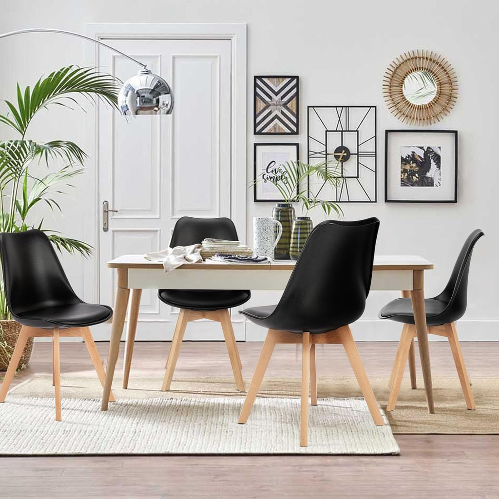 OLIXIS Modern Dining Chairs Set of 4, PU Leather Upholstered Kitchen Chairs with Wood Legs, Mid Century Accent Chairs for Living Room, Bedroom, Outdoor Lounge, Black