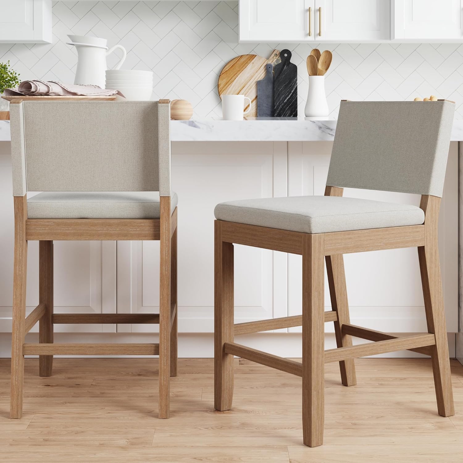 Nathan James Linus Modern Upholstered Counter Height Bar Stool with Back and Solid Rubberwood Legs in a Wire-Brushed Light Brown Finish, Natural Flax/Brown, Set of 2