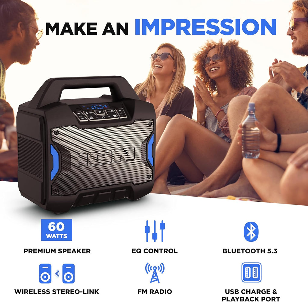 ION Tailgater Boom - Outdoor Portable Bluetooth Speaker with Mic in, FM Radio, USB Port, Battery, IPX5 Water-Resistant, Wireless Stereo-Link, App, 60W