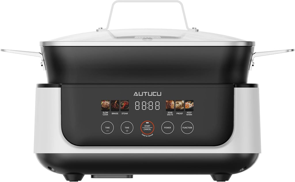 Slow Cooker 7-Quart Programmable Multi-Cooker PFOA-Free Ceramic Coating, Warm, Sear sauté, Steamer Function for Family Gatherings (Includes Silicone Spoon) White
