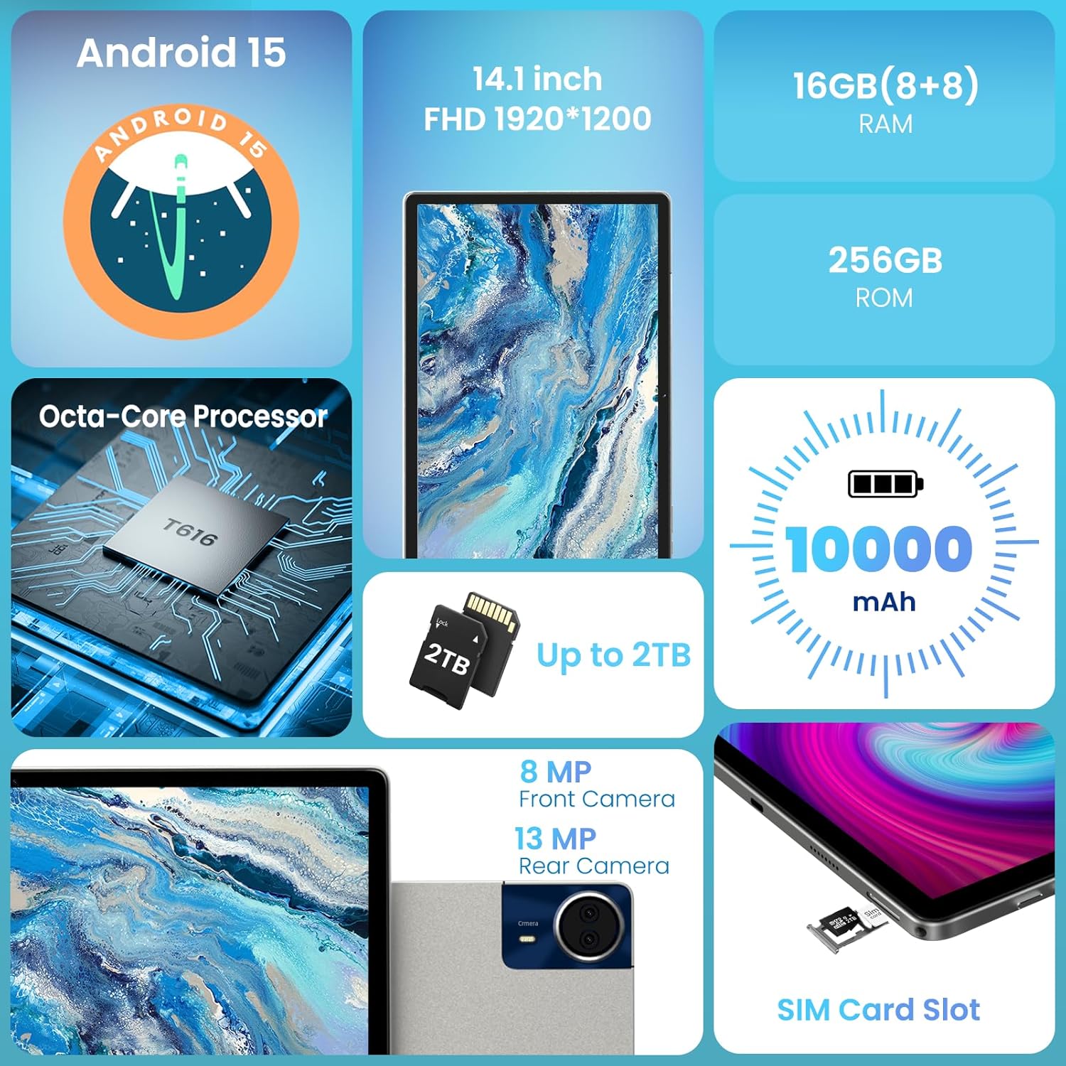 14 inch Large Screen Tablet, Android 15 Tablet 16GB RAM 256GB ROM, 1920 * 1200 IPS FHD Display, Widevine L1, 10000mAh 18W Charging, Wi-Fi & Bluetooth, 4G LTE, with Stand Case & Stylus