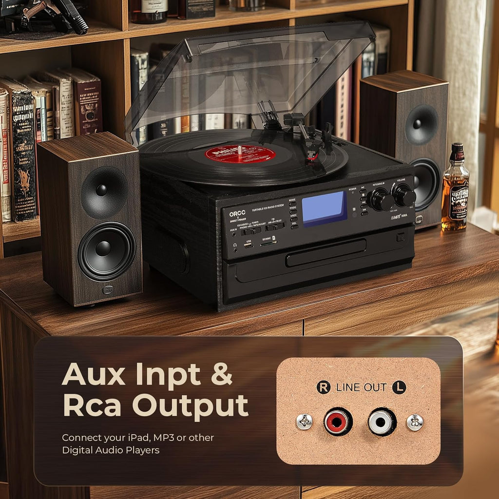 ORCC 10-in-1 Bluetooth Turntable Record Player with Built-in Speaker, Vinyl Turntable CD Cassette and FM/AM Radio Combo, AUX in RCA Out USB MP3 Recording Headphone Jack Compact