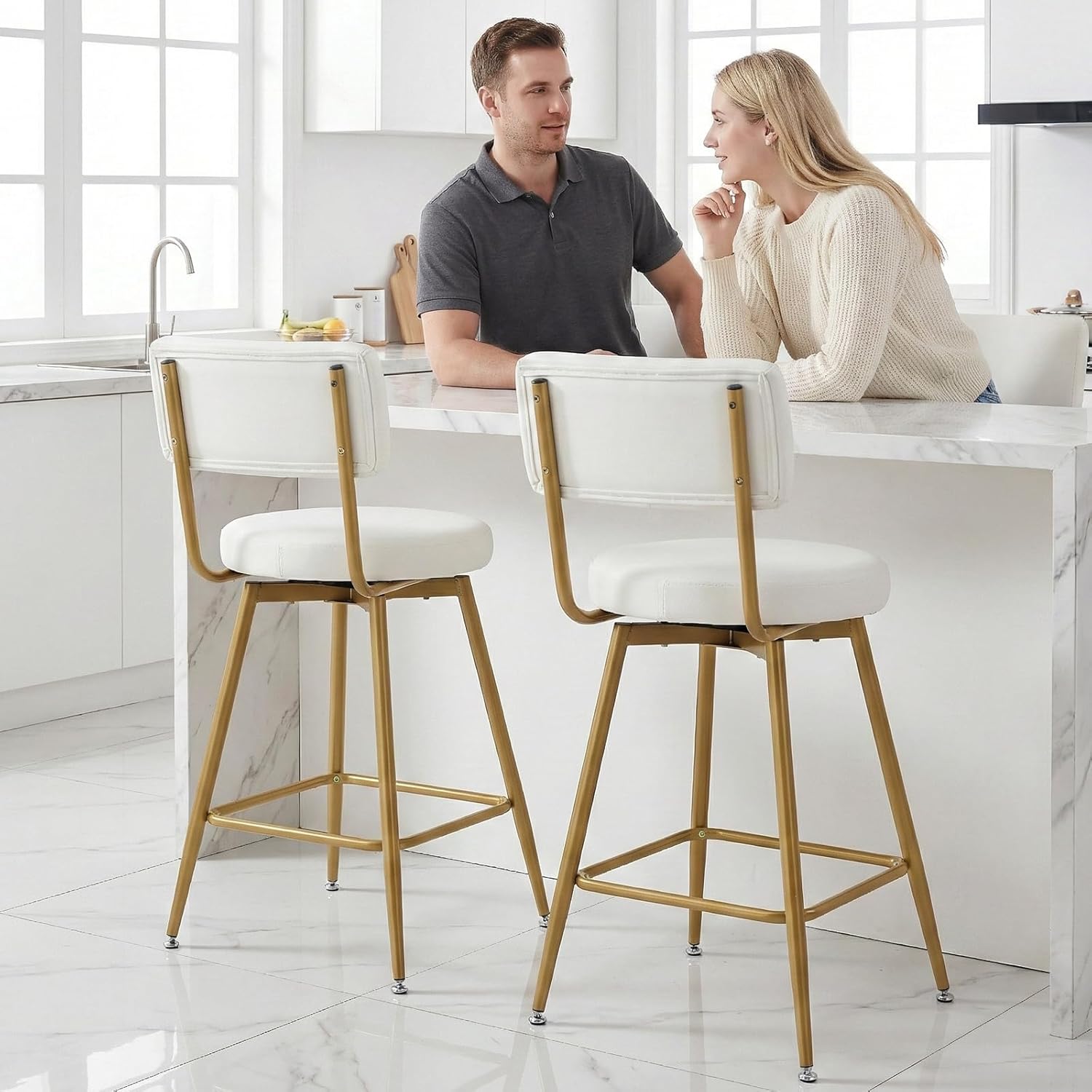 Gold White Counter Height Bar Stools Set of 2, Modern Swivel Bar Stools with Back, 25 Inch PU Leather Barstools Bar Chair Island Stool for Kitchen Counter, White Gold