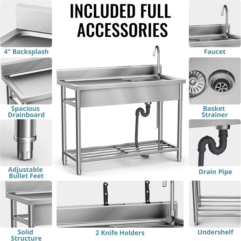Stainless Steel Utility Sink, Kitchen Sink with Countertop Workstation, Free Standing Single Bowl with Cold and Hot Water Pipe for Laundry Room Garage Work Shop Indoor Outdoor Basement (39 Inch)