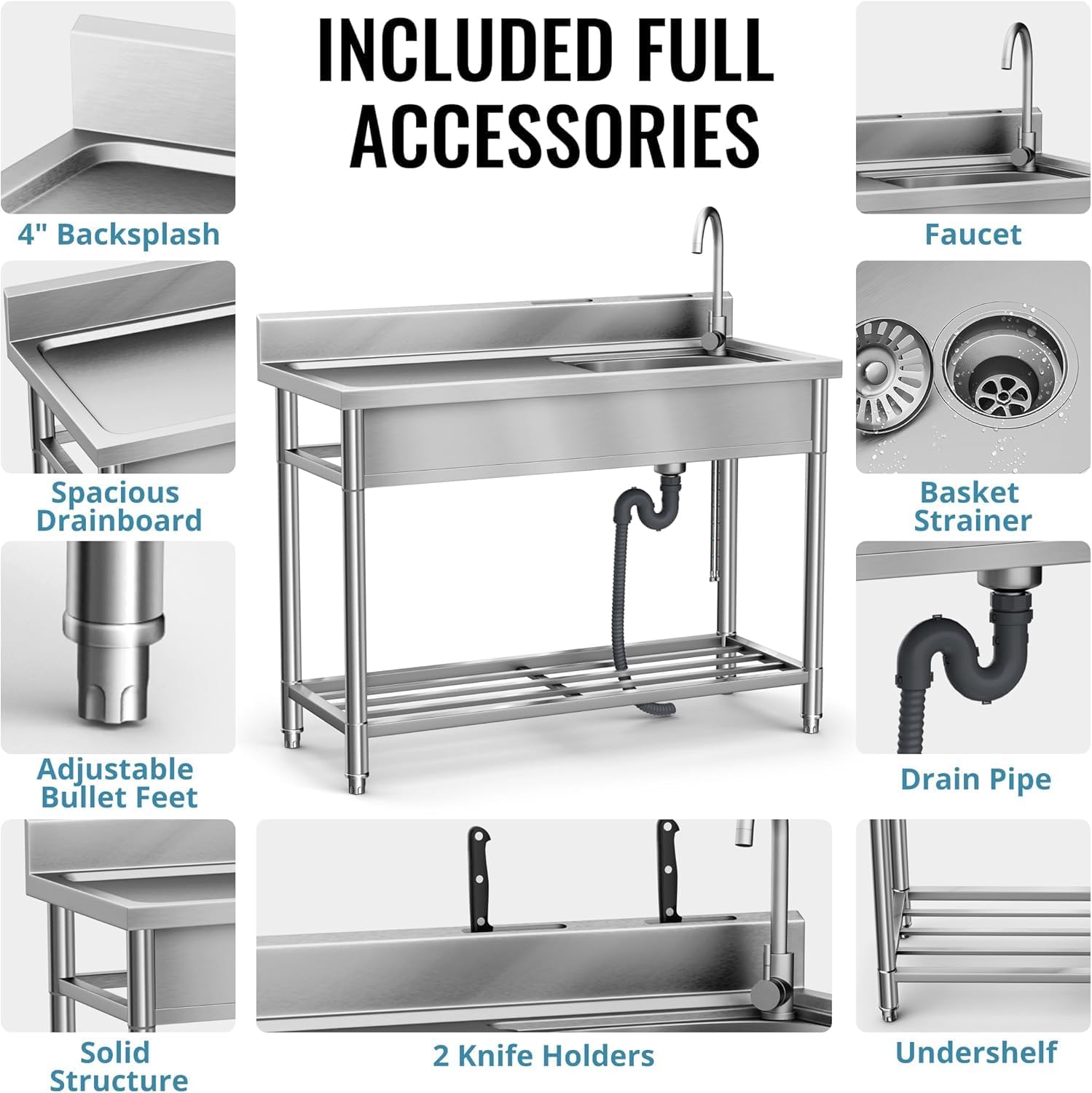 Stainless Steel Utility Sink, Kitchen Sink with Countertop Workstation, Free Standing Single Bowl with Cold and Hot Water Pipe for Laundry Room Garage Work Shop Indoor Outdoor Basement (39 Inch)