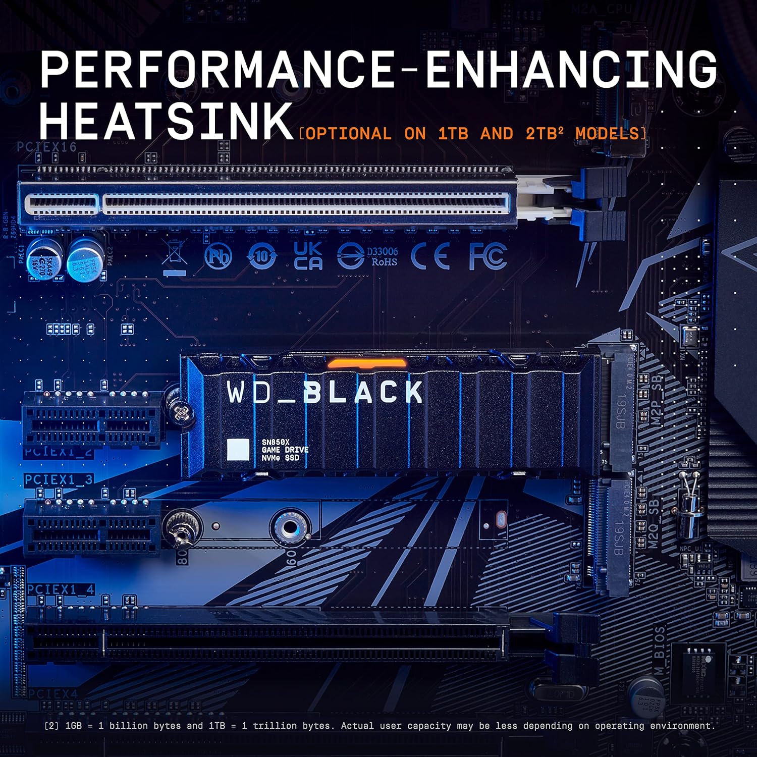 WD_BLACK SN850X 1TB NVMe SSD with Heatsink - M.2 2280, Up to 7,300 MB/s Read speeds, Up to 6,300 MB/s write speeds, Gaming Expansion, High Performance Internal Solid State Drive - WDS100T2XHE