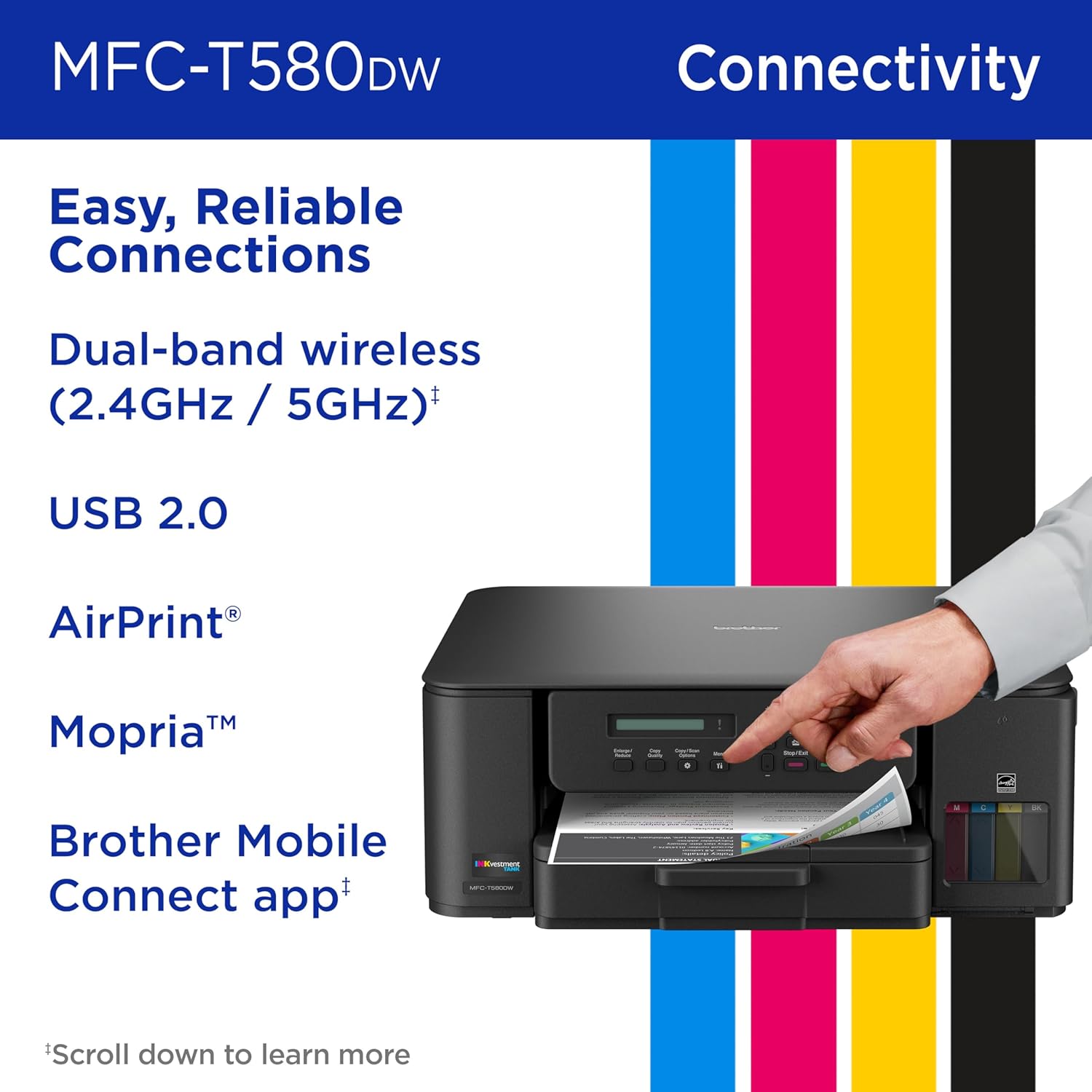 Brother INKvestment Tank 580 Wireless Color Inkjet All-in-One Printer | Includes up to 3 Years of Ink in-Box(1) and 3-Year Limited Warranty(2) (MFC-T580DW)