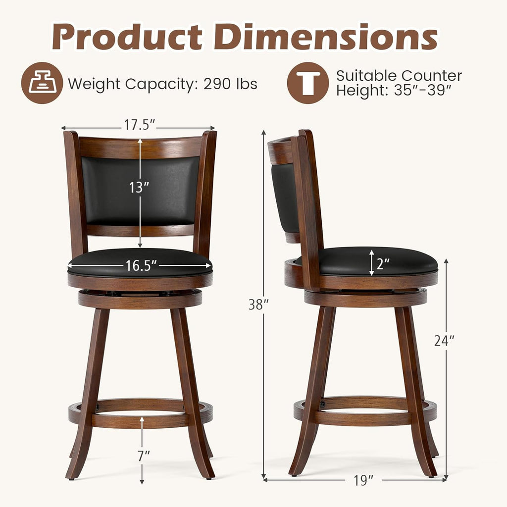 COSTWAY Bar Stools Set of 2, 360 Degree Swivel, Accent Wooden Swivel Seat Counter Height Bar Stool, Leather Upholstered Design, PVC Cushioned Seat, Perfect for Dining and Living Room (Height 24")