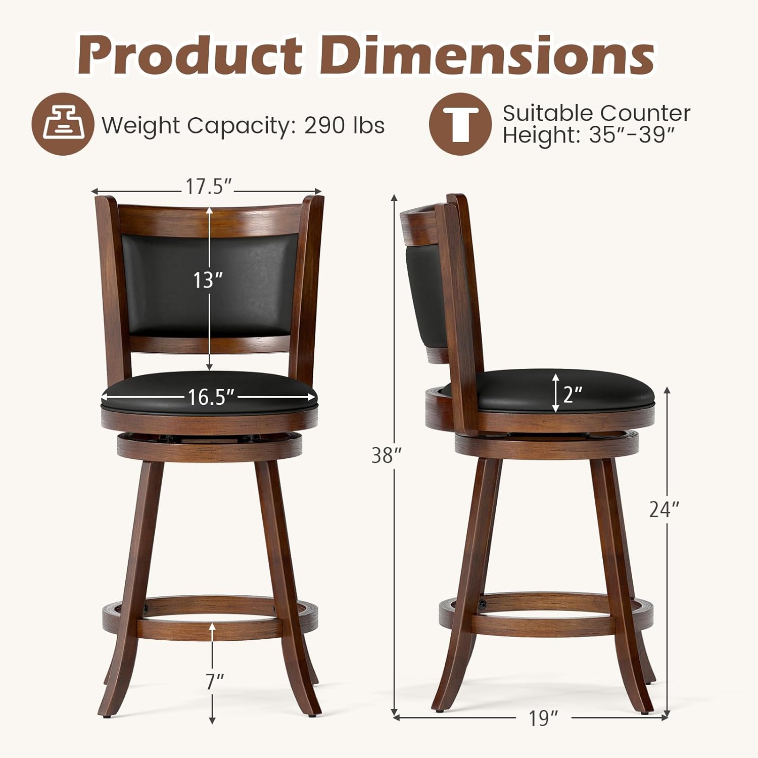 COSTWAY Bar Stools Set of 2, 360 Degree Swivel, Accent Wooden Swivel Seat Counter Height Bar Stool, Leather Upholstered Design, PVC Cushioned Seat, Perfect for Dining and Living Room (Height 24")