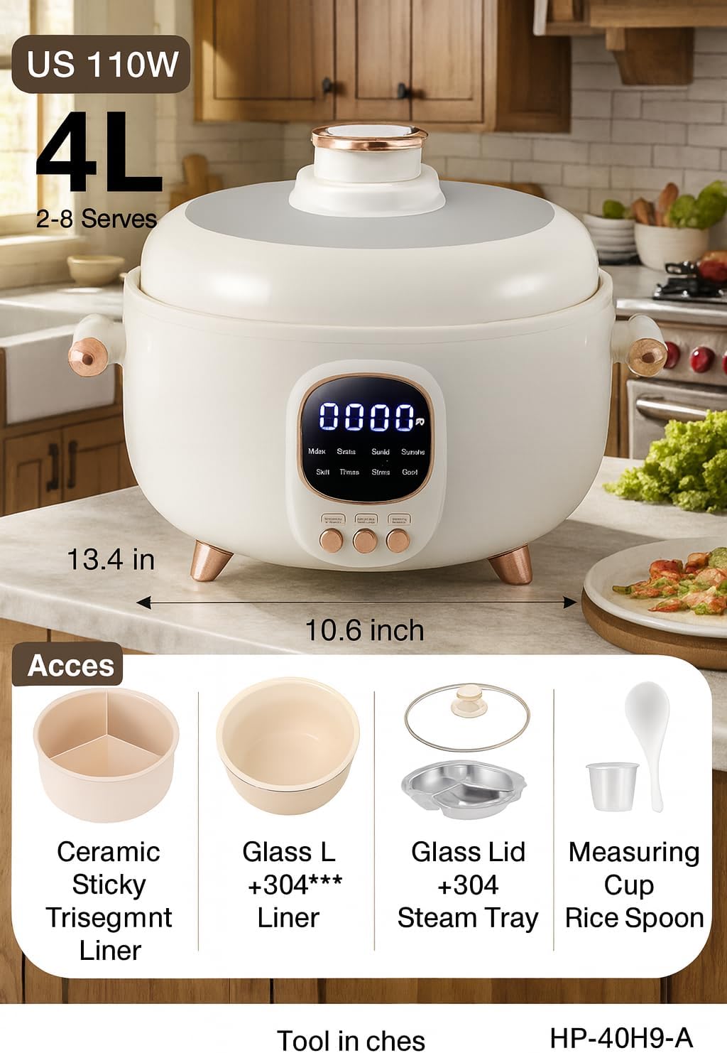 4L Electric Hot Pot Pressure Cooker, Triple Compartment, Digital Control, 1000W, (Cer 3C Liner + Cer DD Liner + Std Liner + 3C Steam Tray, 110V American standard H9-A white)