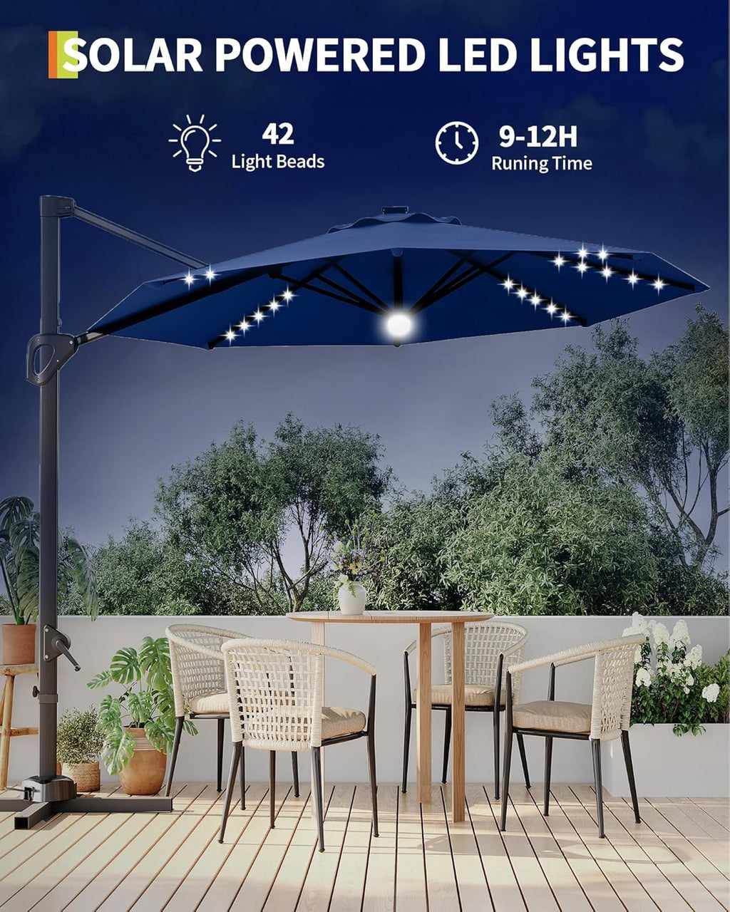 GarveeLife 10FT Patio Umbrella Outdoor Solar LED Large Cantilever Umbrella Market Sun Shade Windproof Offset Umbrella with 360-Degree Rotation for Garden Deck Pool Patio