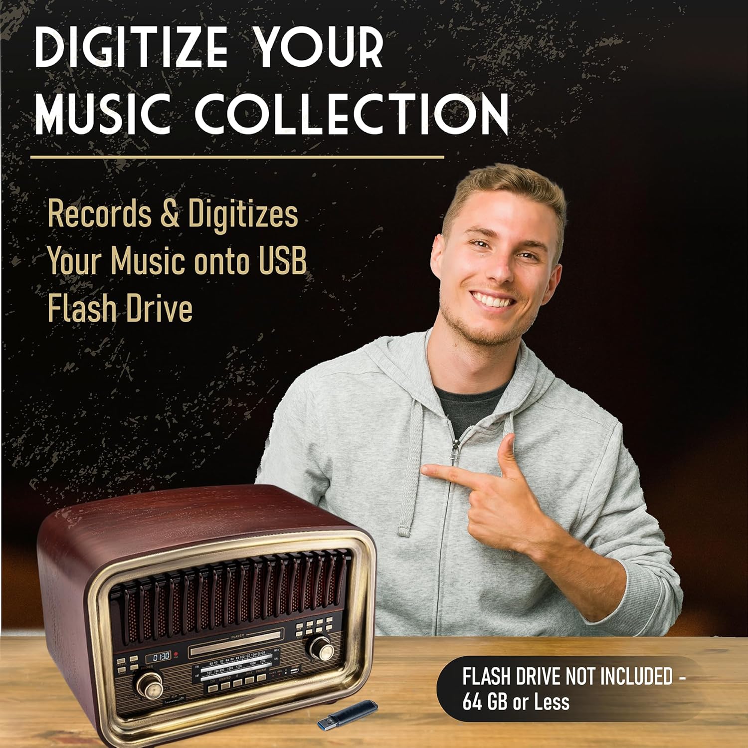 SoundBeast All-in-One AM/FM Radio with CD Player, Bluetooth Input, USB Playback & Recording, SD Card Playback, Aux Input, Built-in Speakers, Handmade Wooden Exterior