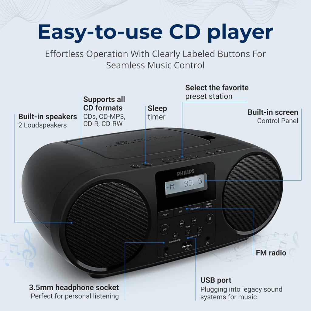 Philips Portable CD Player Boombox with Bluetooth, FM Radio, Dynamic Bass Boost Speakers, USB/Headphone Jack/Aux Input, All-in-One Compact Stereo Sound CD Player for Home, CD-RW/MP3 Playback