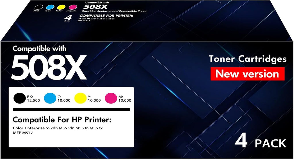 508X 508A Toner Cartridge Set: Compatible for HP 508X 508A Color LaserJet Enterprise M553 M552 MFP M577 Series M552dn M553dn M553n M553x New Version CF360A CF360X CF361X CF362X CF363X Printer 4 Pack